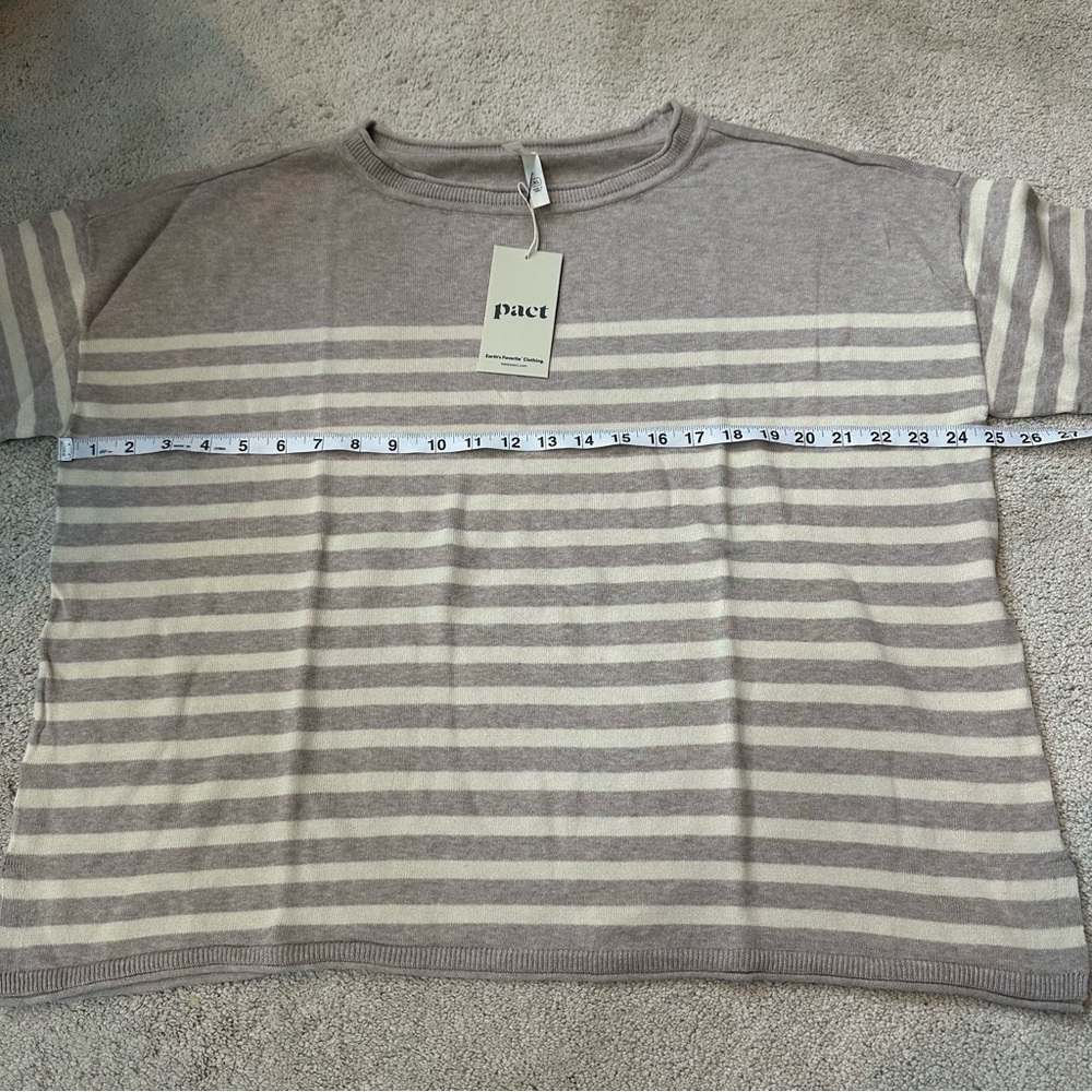 NWT Pact 100% Organic Cotton Classic Fine Knit Oat Stripe 3/4 Sleeve Sweater - Picture 10 of 13